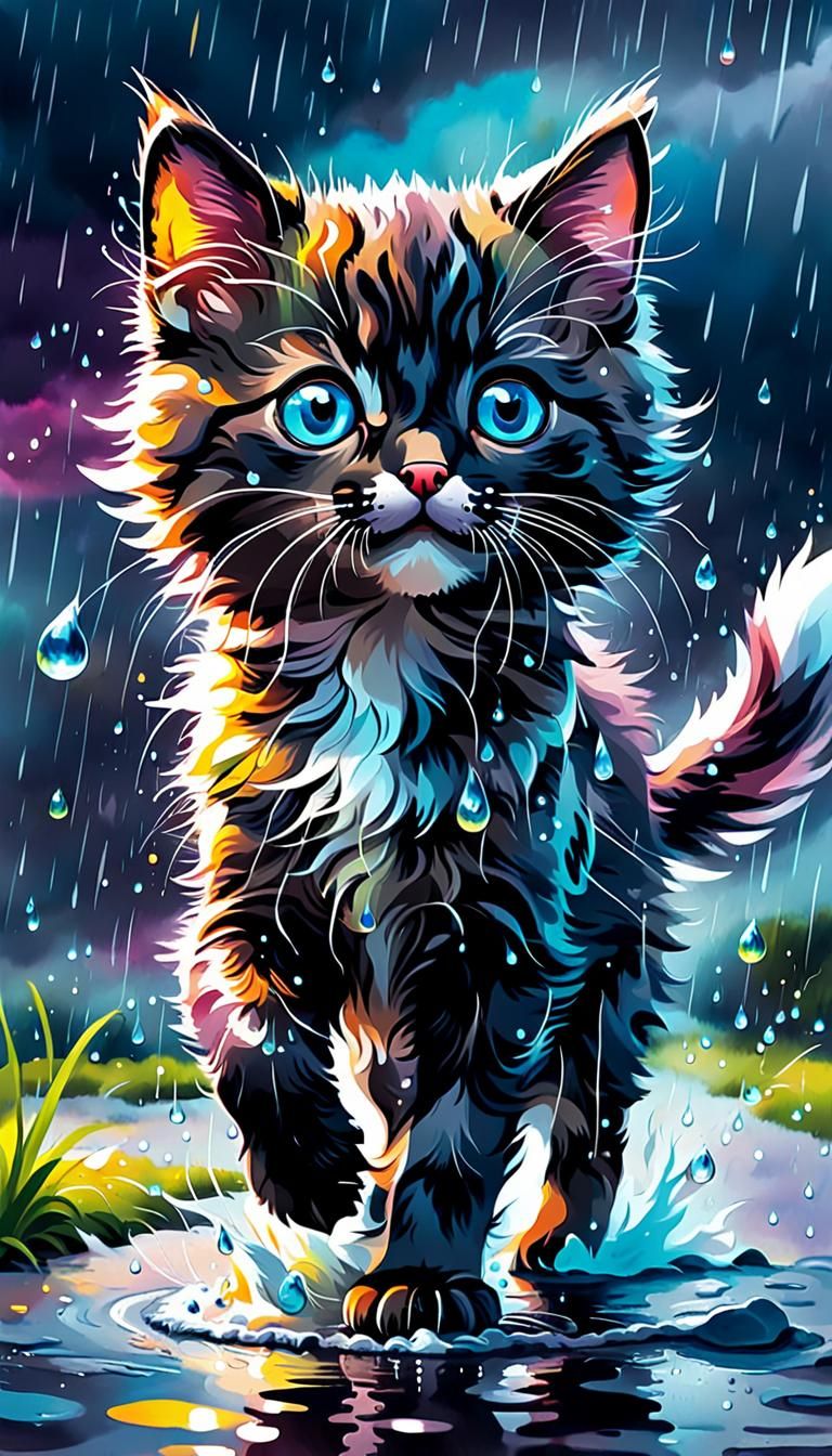 Kitten Splashing: A Fauvist Digital Illustration