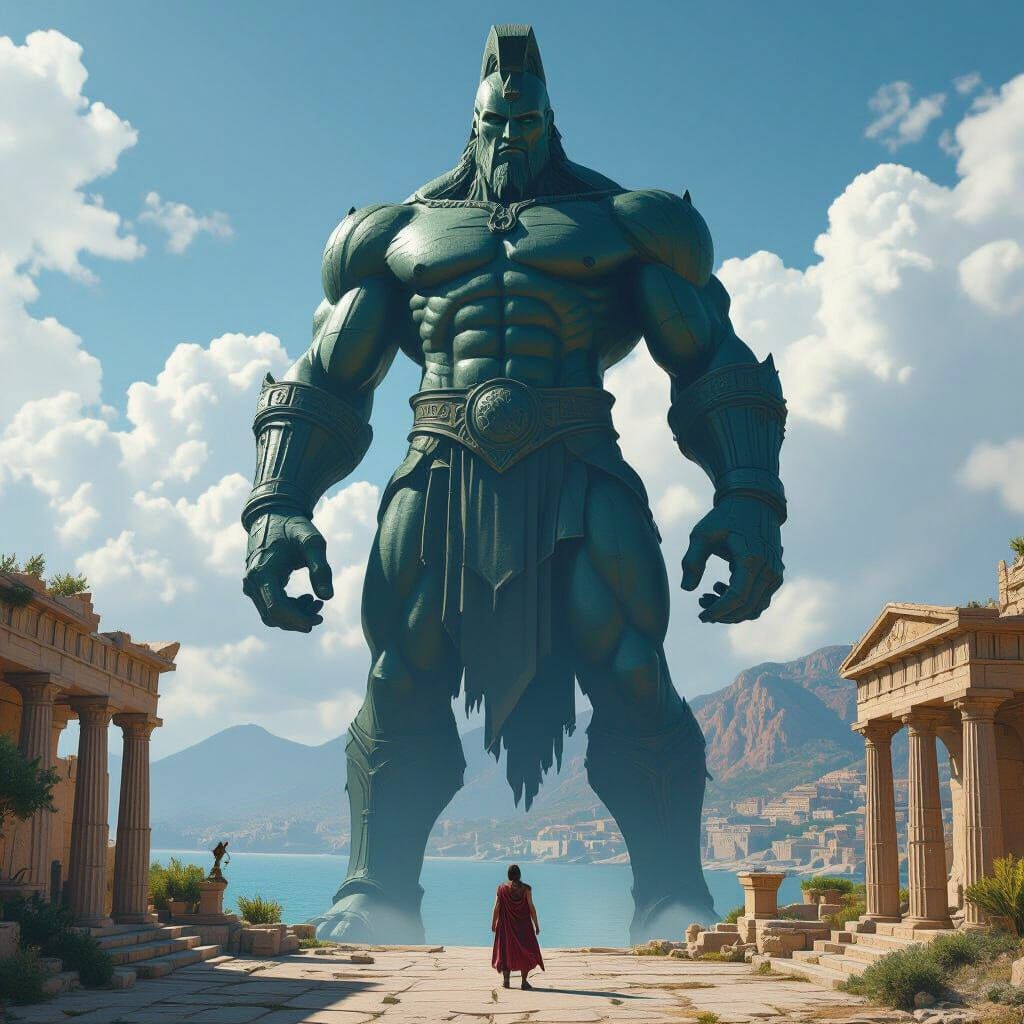 Colossal Bronze Talos Guards Crete in Fantastical Matte Pain...