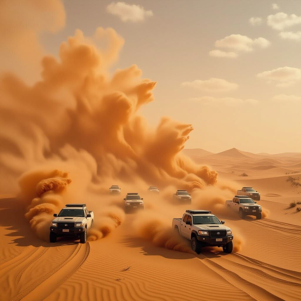 Vehicles Battle Sandstorm in Hyper-Realistic Desert Scene