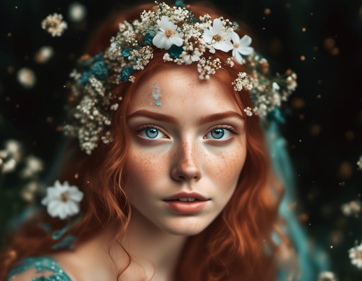 Dream Girl with Red Hair and Galaxy Eyes