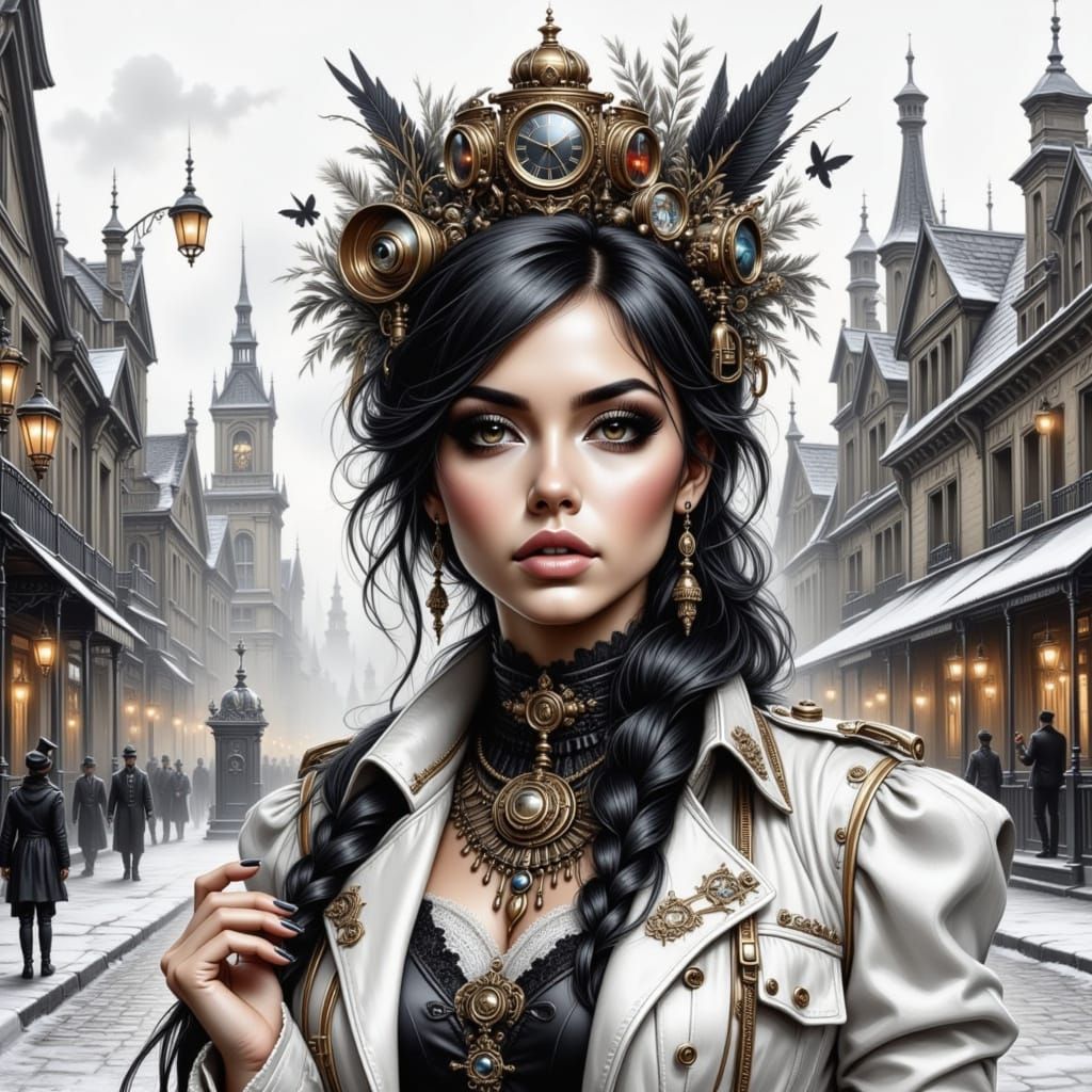 Steampunk Cityscape with Walking Silhouette in Monochrome