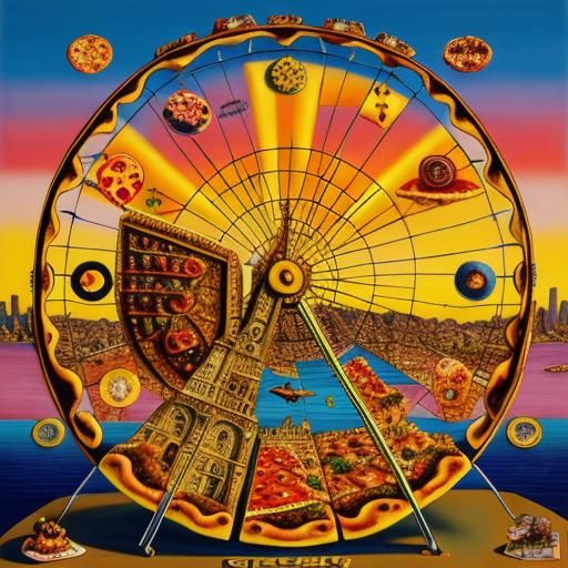 Pizza Ferris Wheel in Surrealist Cityscape