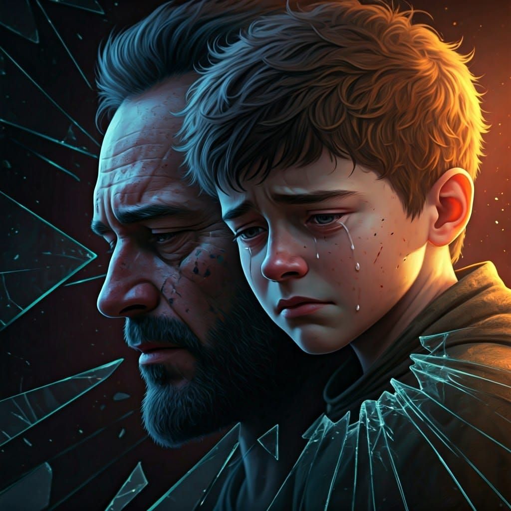 Shattered Regret: Boy and Father in Broken Glass