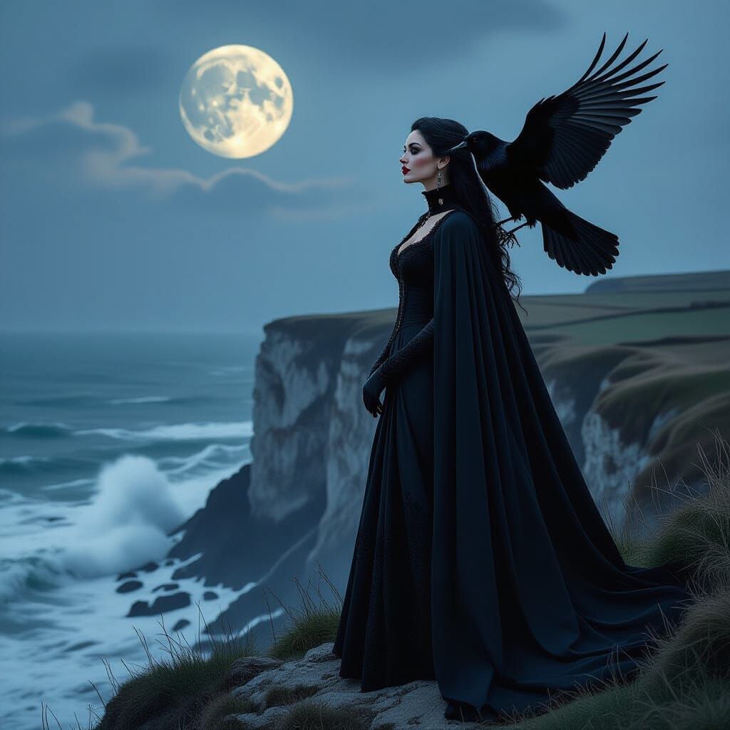 Gothic Woman on Cliffside with Raven in Dark Realism