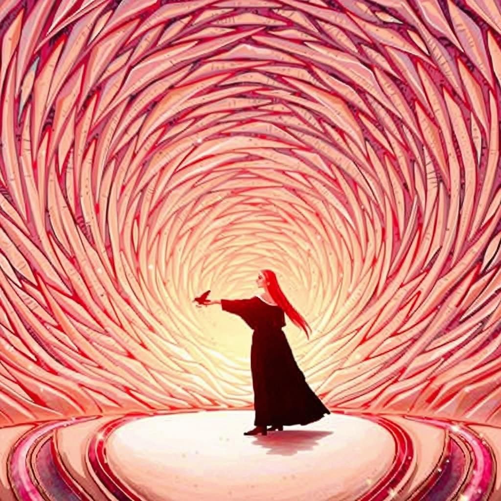 Pilgrim Woman with Birds in Magic Realism Style