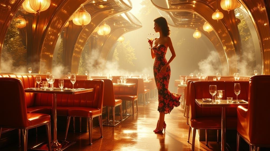 Stylish Woman Sipping Martini in Retro Restaurant