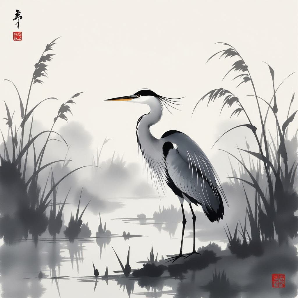 Elegant Heron in Misty Marsh: Sumi-e Painting