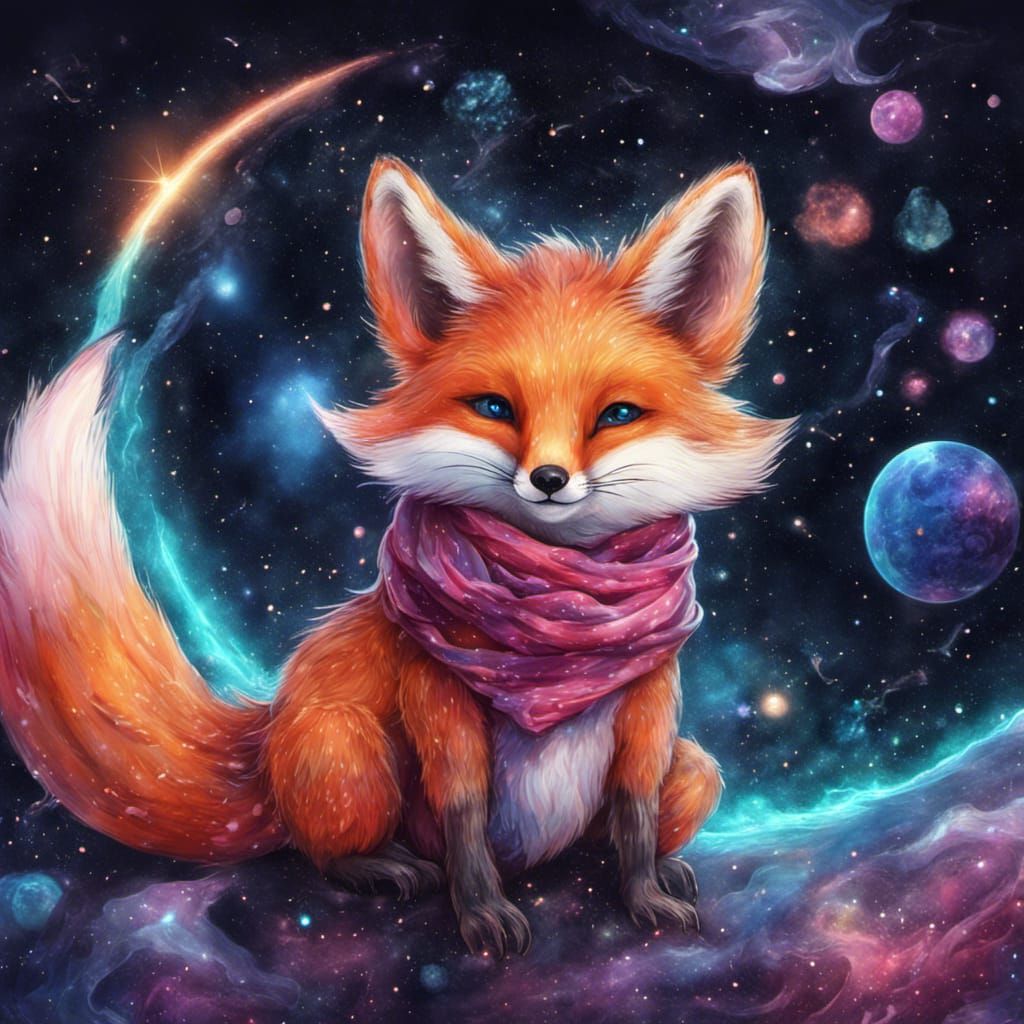 Fox in Space: Cosmic Mixed Media Illustration