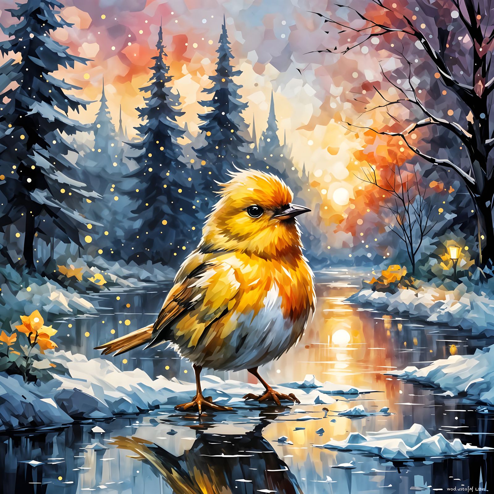 Cute Bird Skating at Sunrise in Winter Wonderland