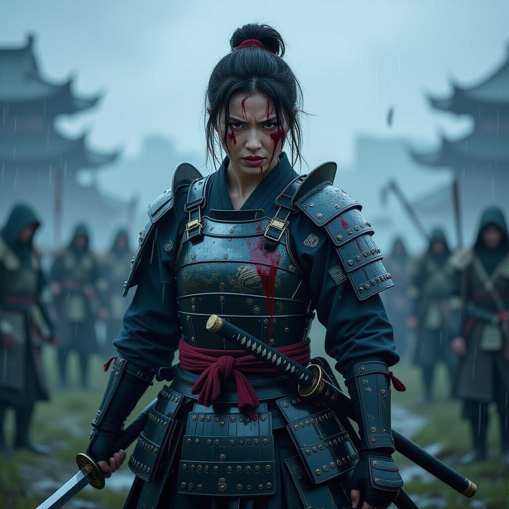 Furious Samurai Warrior Rises on Rainy Battlefield