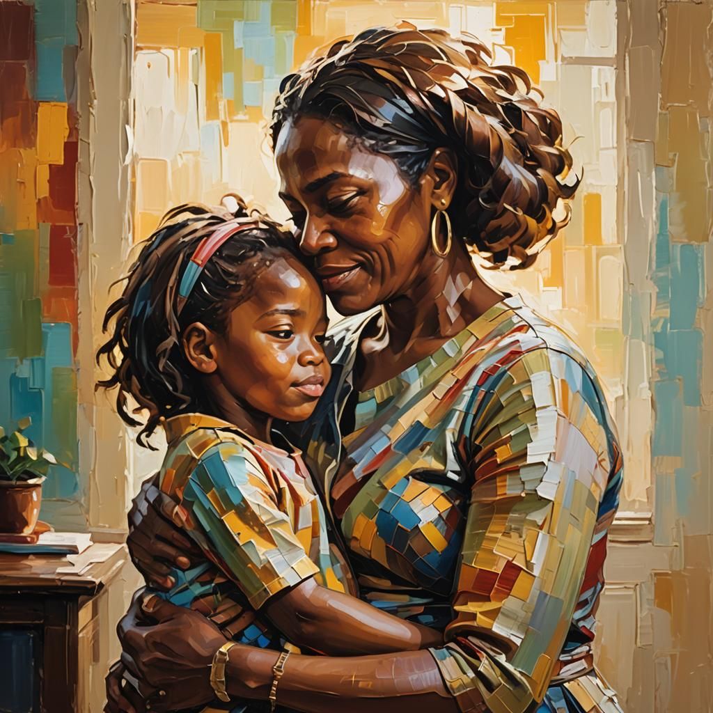 Loving Mother and Child: Neo-Expressionist Oil Painting