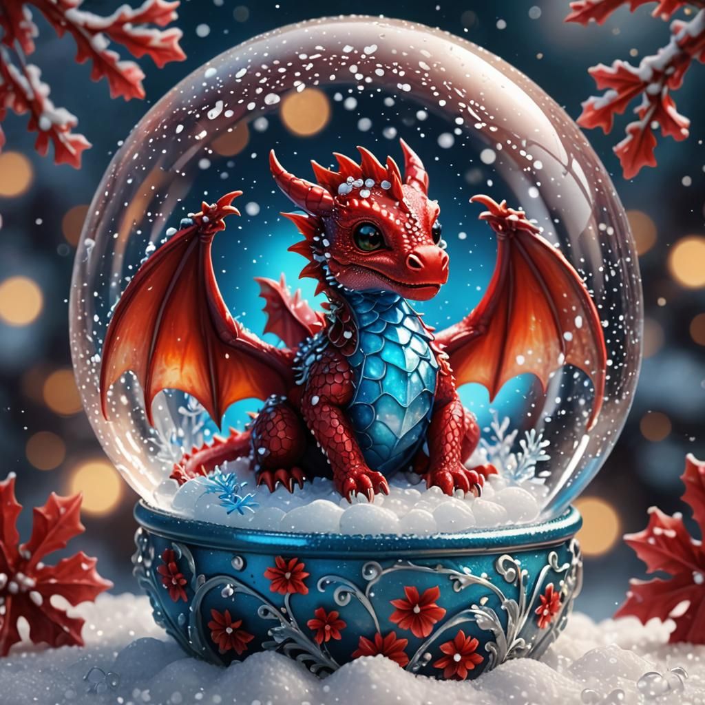 Enchanting Baby Dragon in Snowglobe: Digital Art
