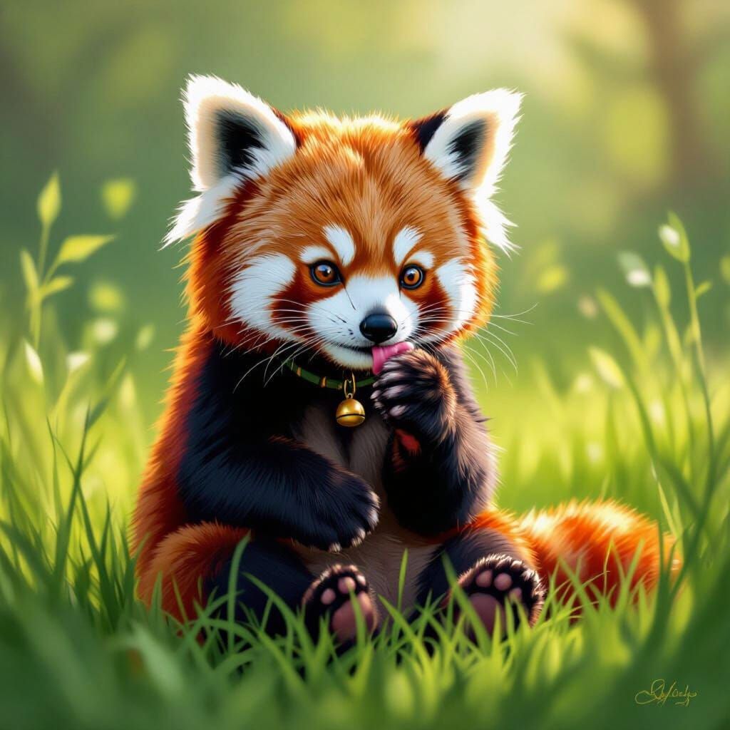 Adorable Red Panda in Grassy Field, Whimsical Style