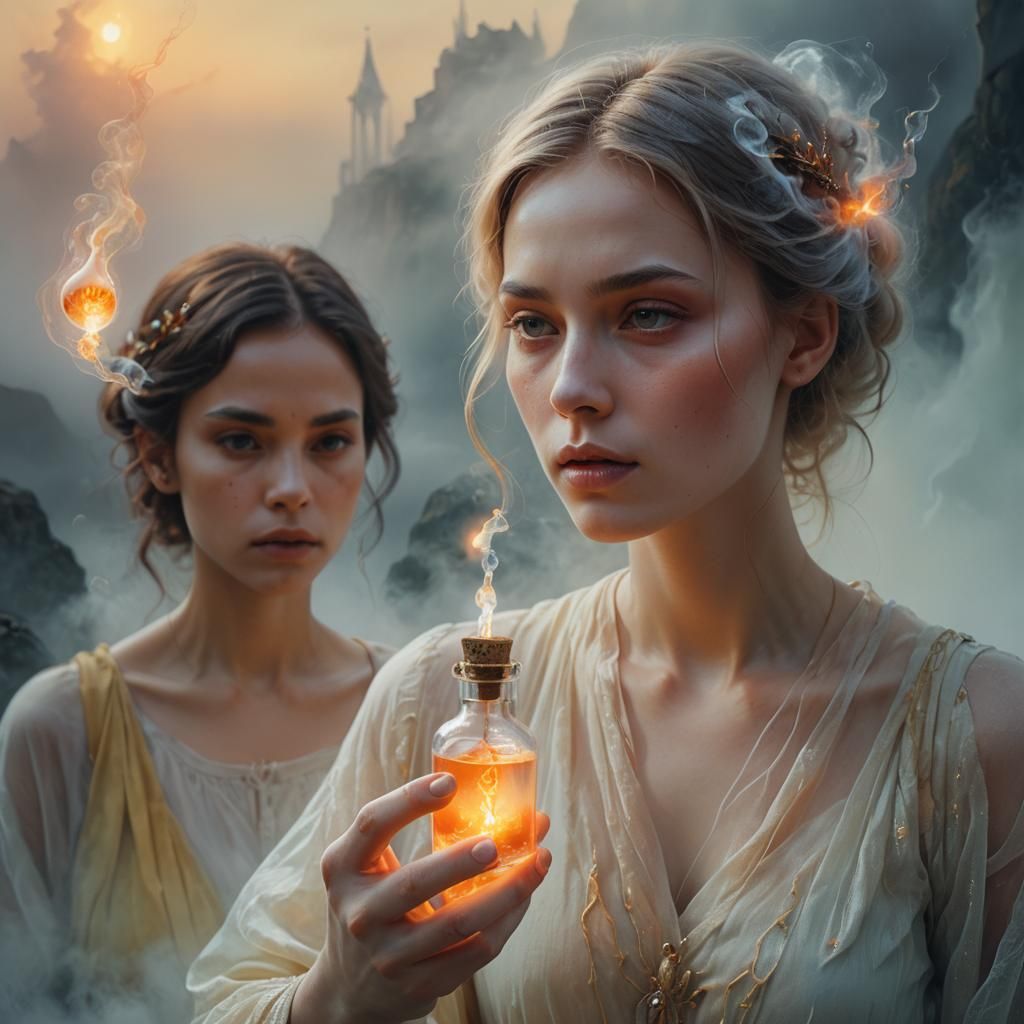 Woman Offers Glowing Potion in Dreamlike Fantasy Art