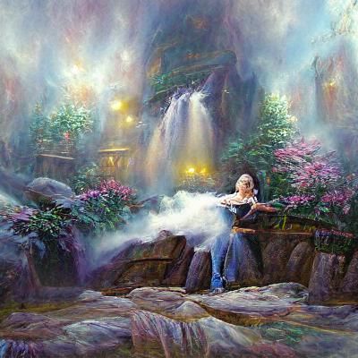 Ethereal Woman Meditating in Fantasy Waterfall Scene
