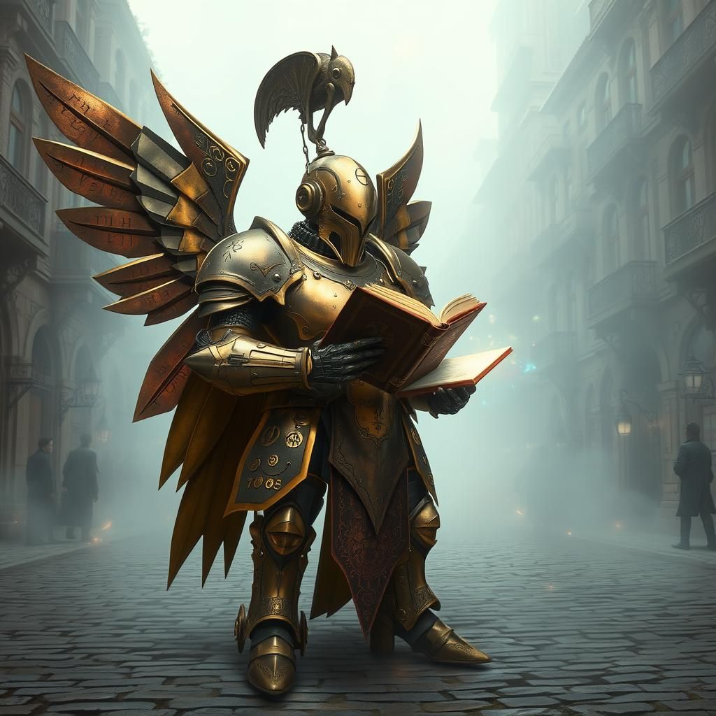 Steampunk Robot Knight Reading in Metropolis