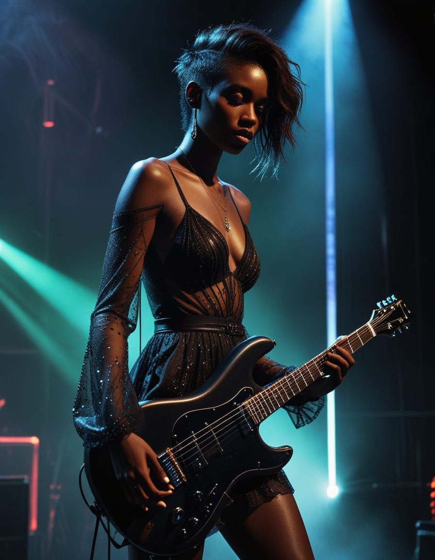 Gothic Guitarist in Neon Mist: Hyperrealistic Portrait