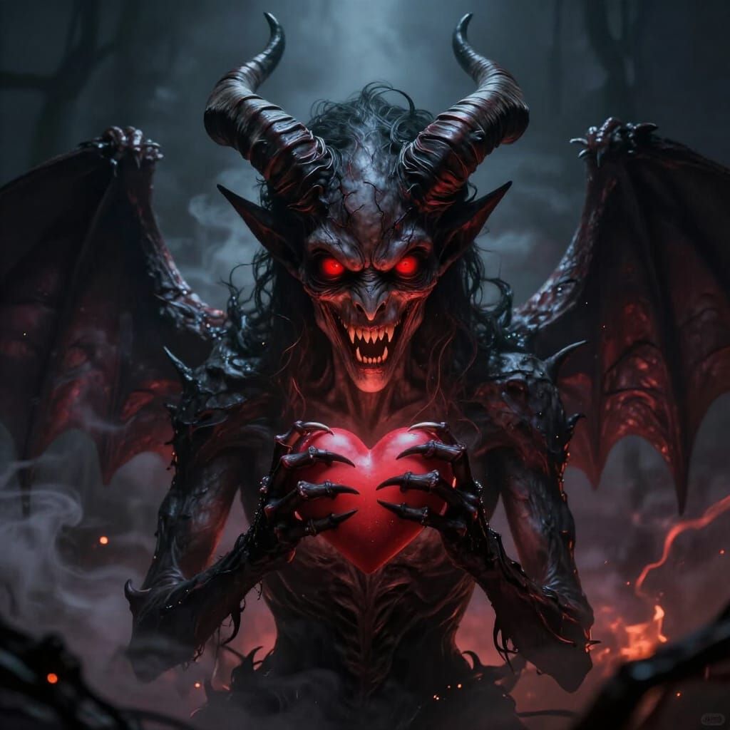 Terrifying Demon Blushing with Heart in Gothic Style