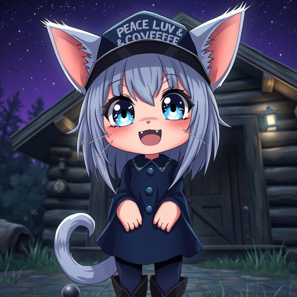 Anime Catgirl in Synthwave Style at Rustic Cabin
