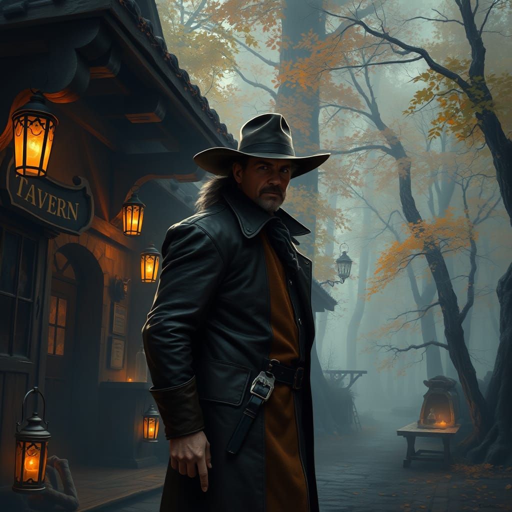 Lone Cowboy at Mystical Forest Tavern Entrance