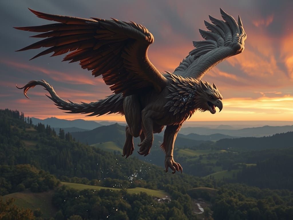 Stardust Griffin Soaring Through Twilight Sky