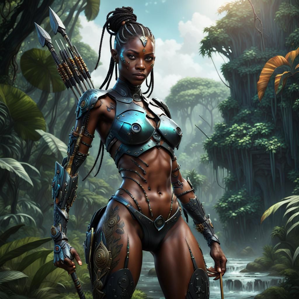 Cyborg Woman with Spear in Jungle Concept Art