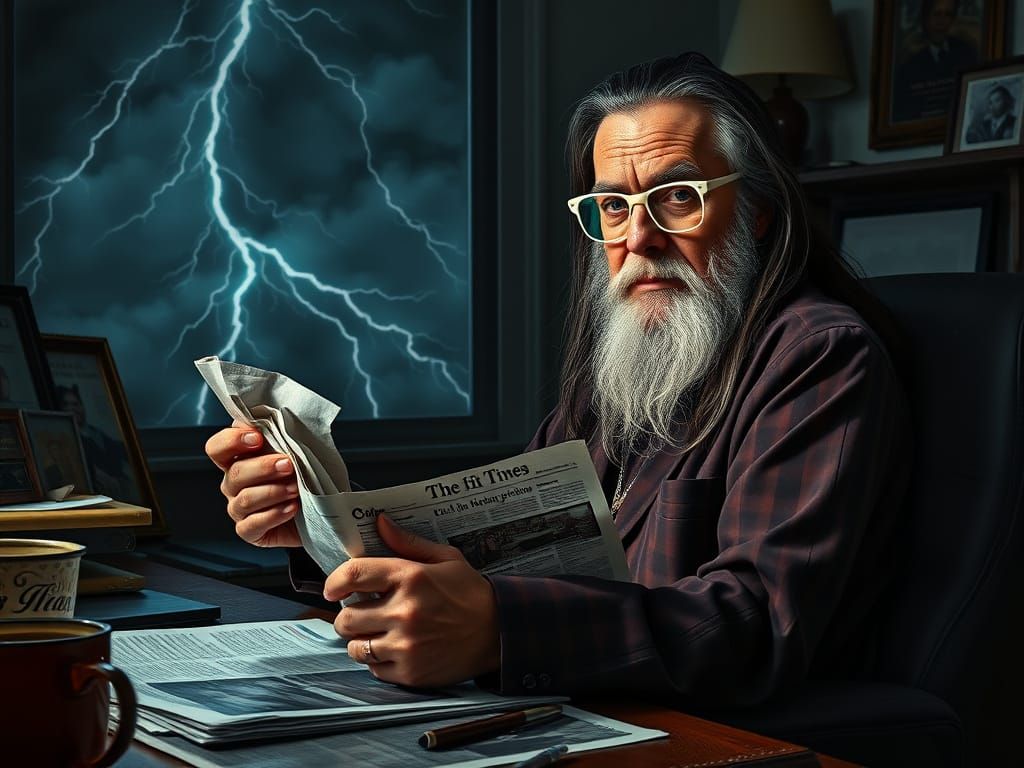 Newspaper Editor in Noir Style on Stormy Night