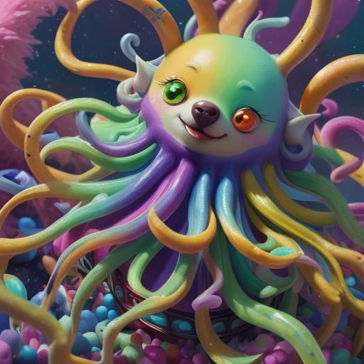 Fluffy Octopus-Puppy in Whimsical Candy Land: Pixar Style