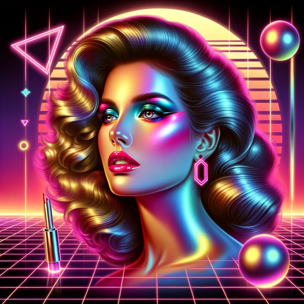 Glamorous 80s Airbrush Portrait with Neon Sunset