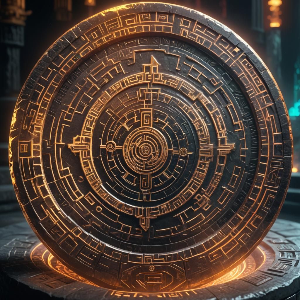 Glowing Crypto Coin in Ancient Temple: Digital Art