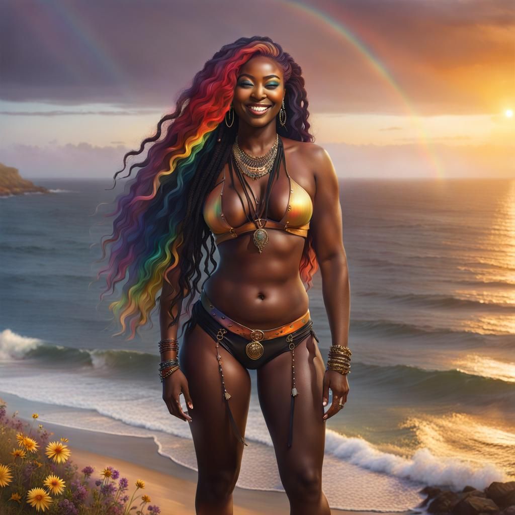 Curvy Woman with Rainbow Hair by the Sea