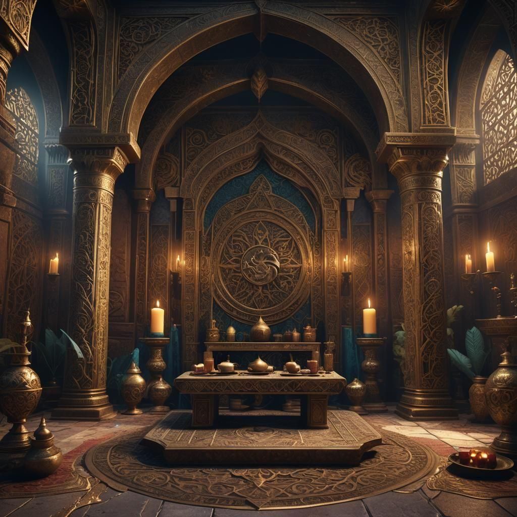 Tiamat's Eerie Altar in Arab Room: Detailed Matte Painting