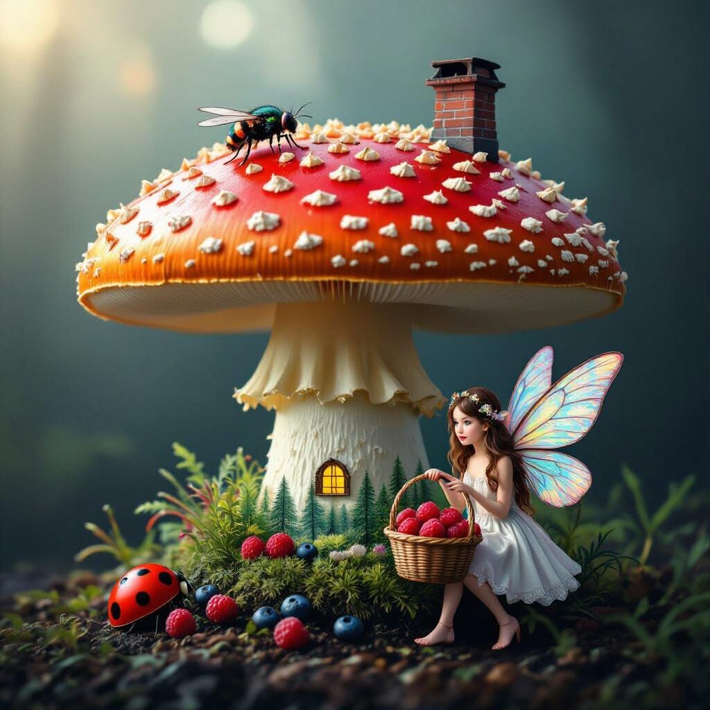 Magical Mushroom House with Fairy and Forest