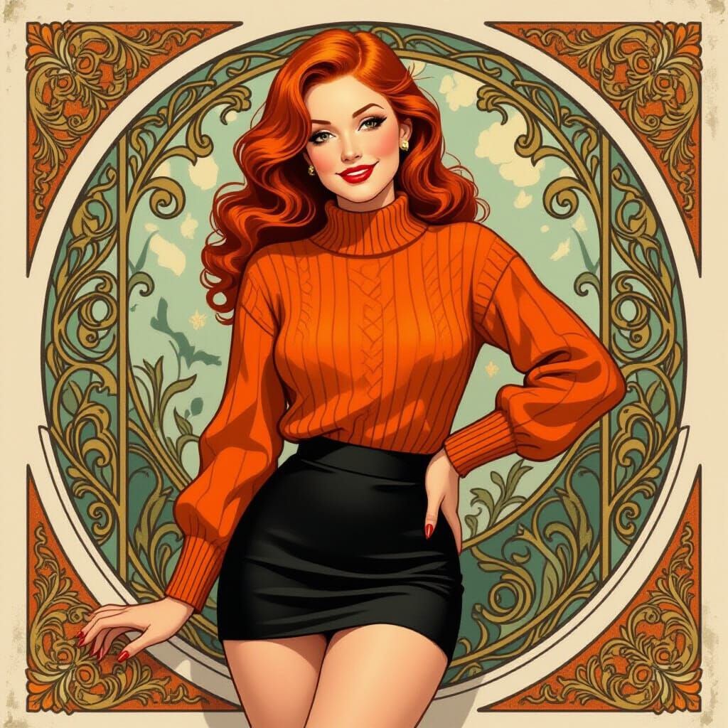 Red Haired Pin-Up Woman in Vintage Setting