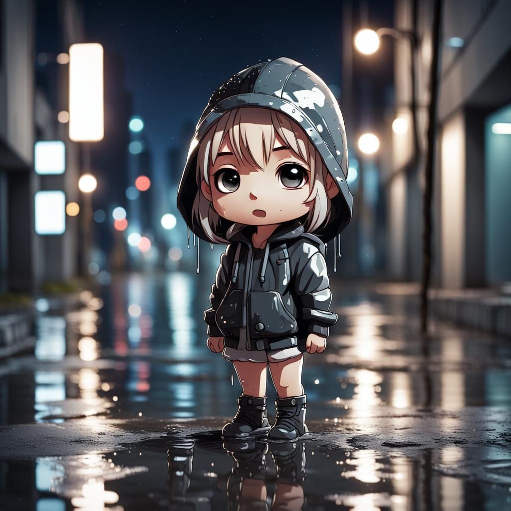 Cute Chibi Character in Wet City Corner
