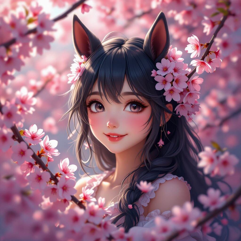 Cat Girl with Horse Ears Amidst Cherry Blossoms