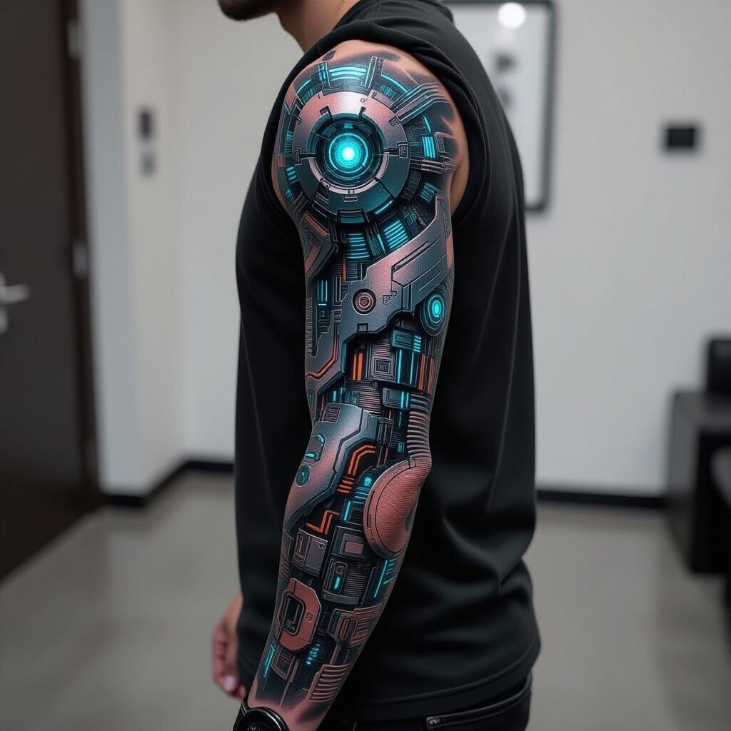 Hyperealistic Cyberpunk Sleeve Tattoo Design