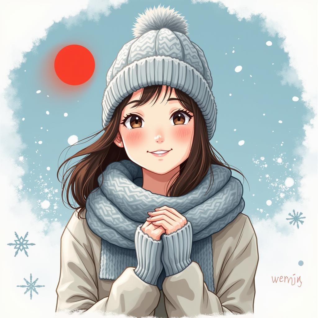 Cheerful Winter Woman in Snowflakes with Red Accent