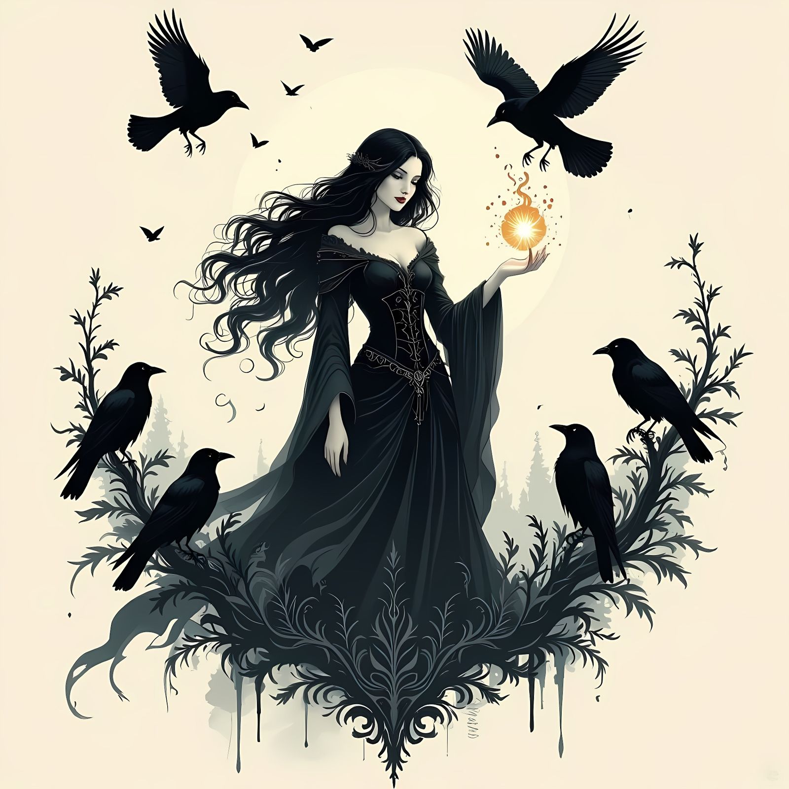 Mysterious Forest Sorceress Conjuring Raven Magic