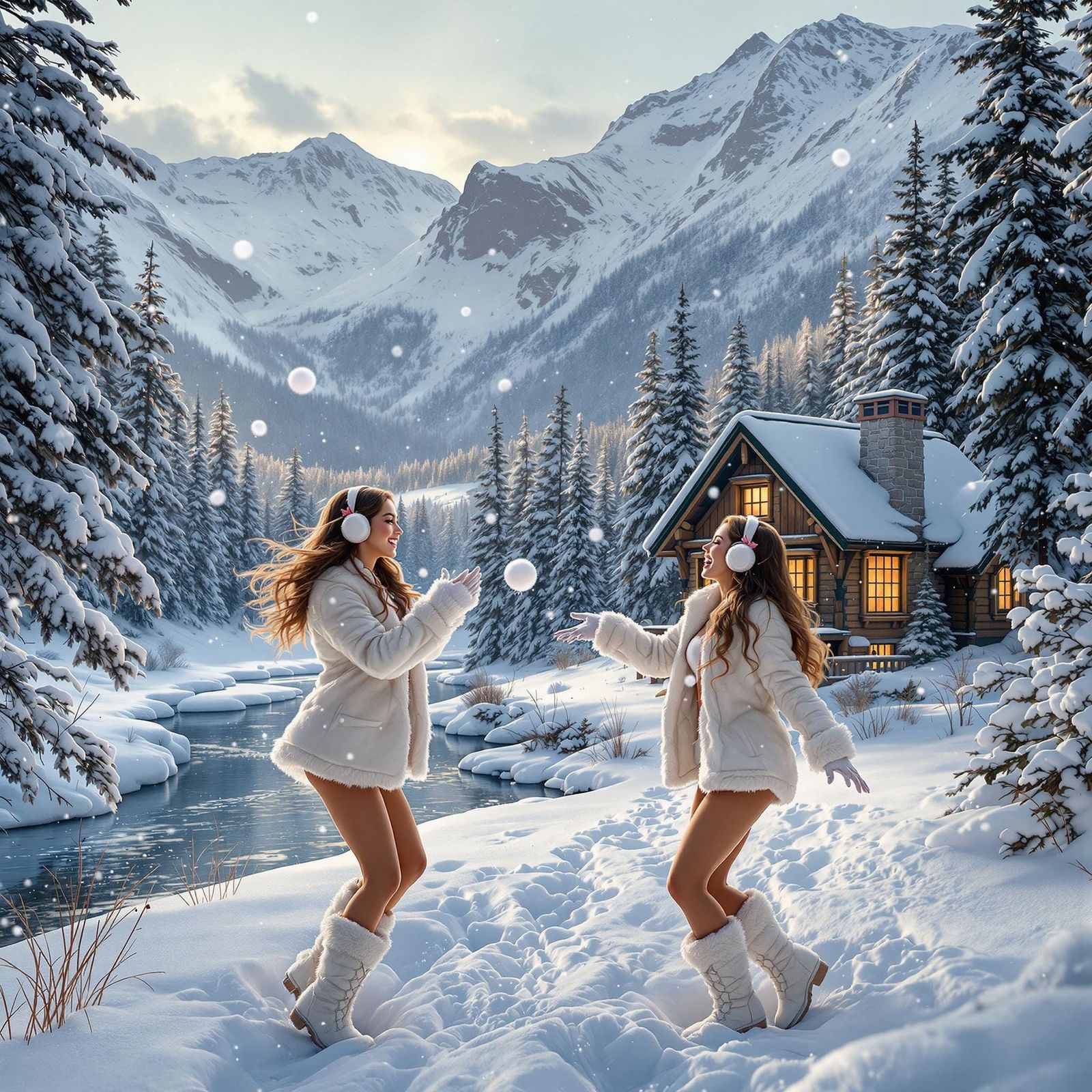 Serene Winter Wonderland with Cozy Cabin and Snowy Forest