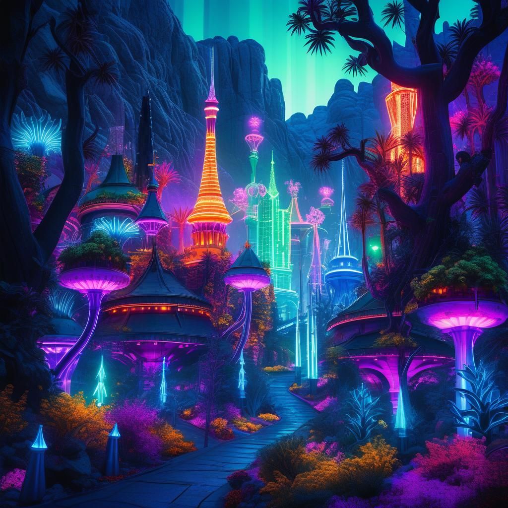 Surreal Neon Las Vegas Village in Dreamlike Forest