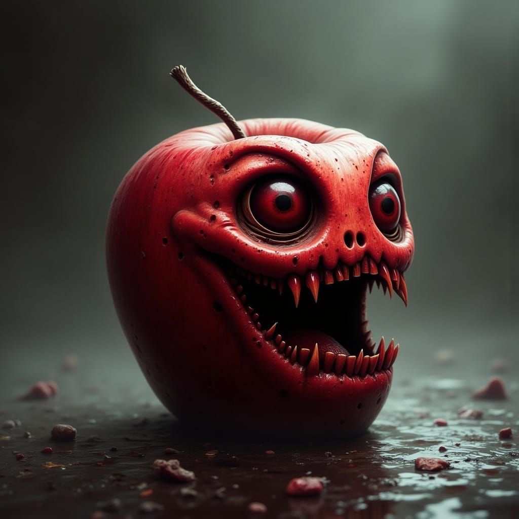Surreal Crimson Apple with Menacing Features