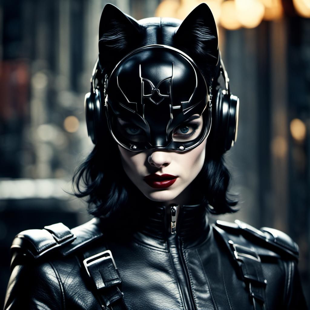 Hyperrealistic Krysten Ritter as Catwoman in Black Leather