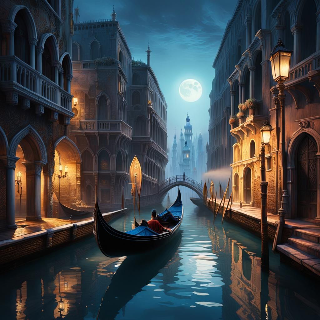 Mystical Venice Gondola in Gothic Fantasy Art