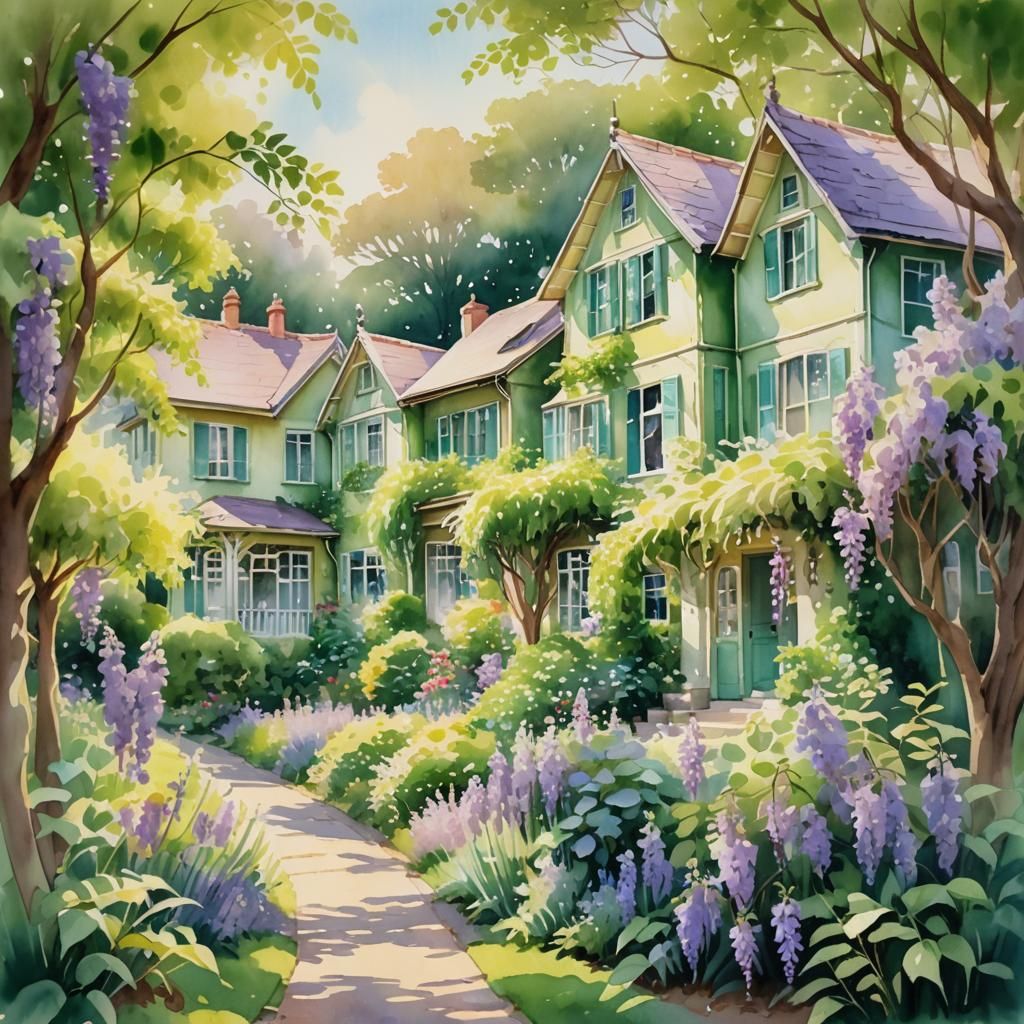 Glass Houses in Summer Garden: Watercolor Painting