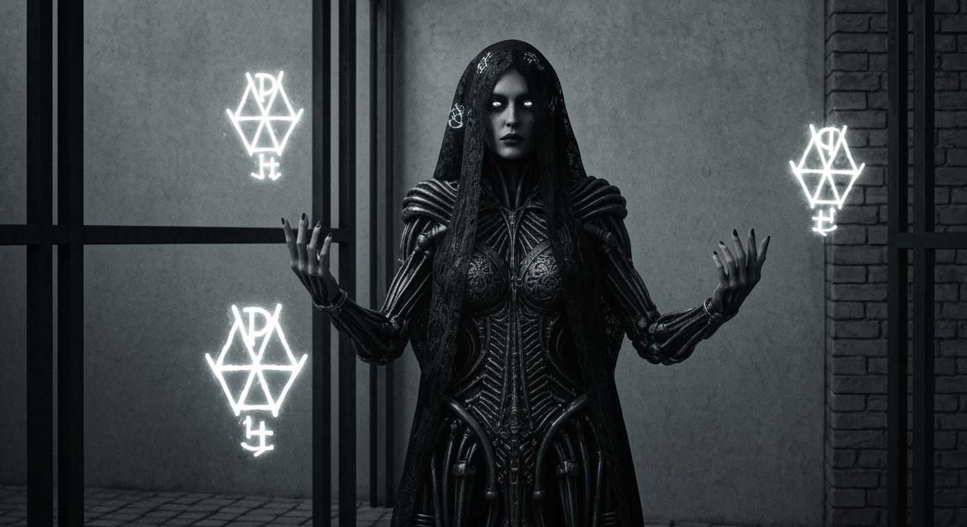 Biomechanical Woman with Sigils, in Giger Style