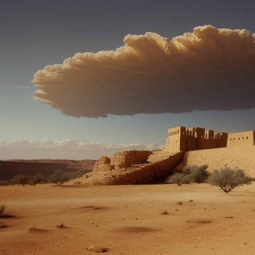 Ancient Fortress in Desert Landscape at Sunset