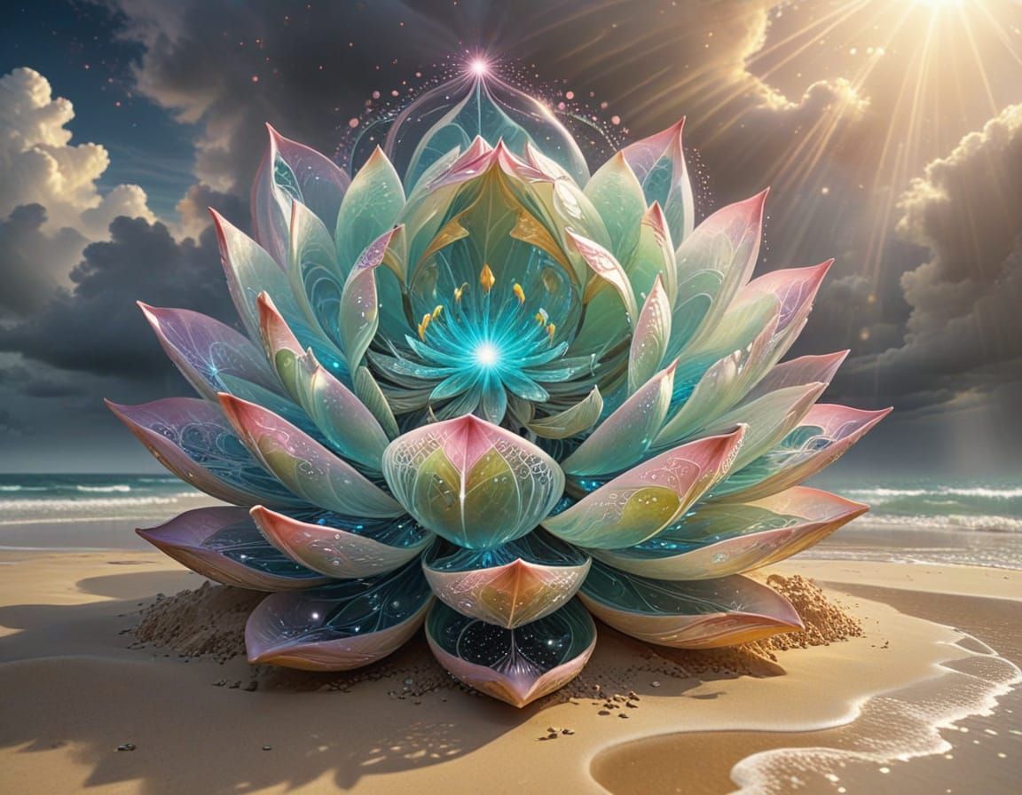 Glowing Celestial Lotus Blooms on a Heavenly Beach