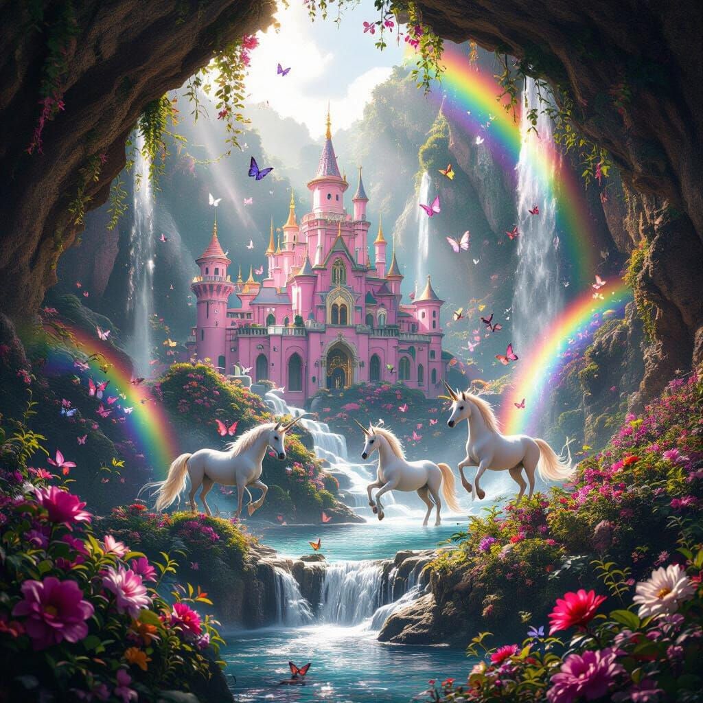 Pink Palace in Flower Cave with Unicorns and Rainbows