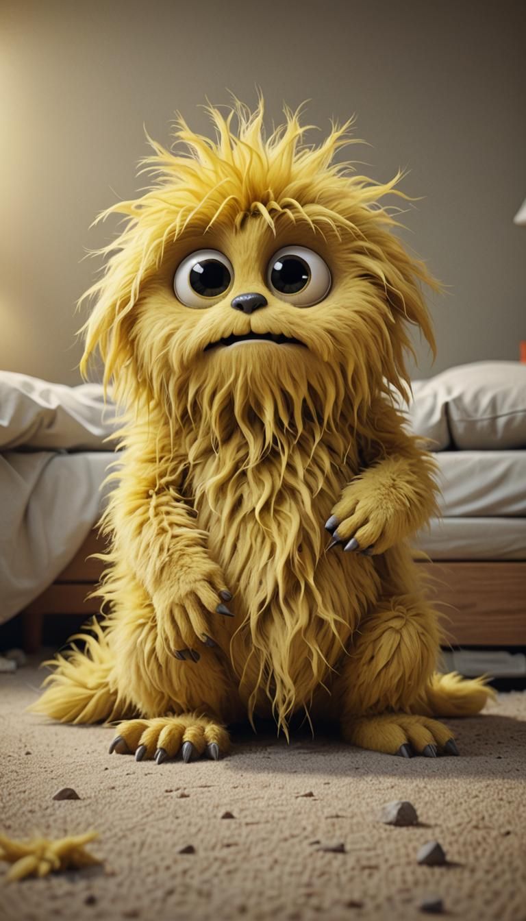 Pixar Cartoon-style cute adorable yellow furry dirty monster...